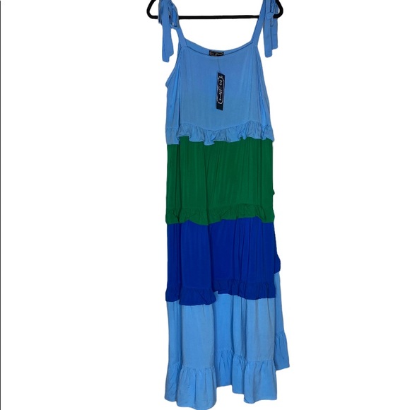 Brand New! Ivy Street Blue and  Green Tiered dress with Ties at Shoulder Size 1X - Picture 6 of 10